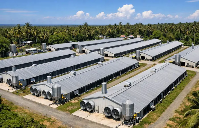 Große kommerzielle Geflügelfarm auf den Philippinen mit modernen Hühnerställen