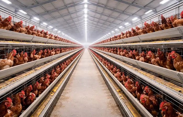 moderne Legehennenfarm mit automatischem Käfigsystem für die Eierproduktion