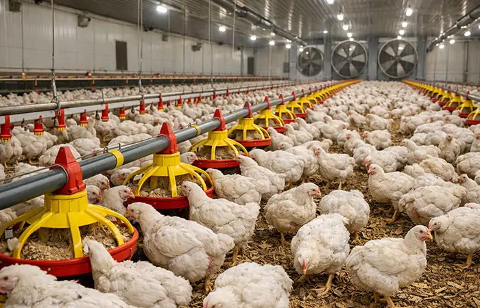 Weiße Masthühner, die in einem modernen Geflügelzuchtstall für die Fleischproduktion aufgezogen werden