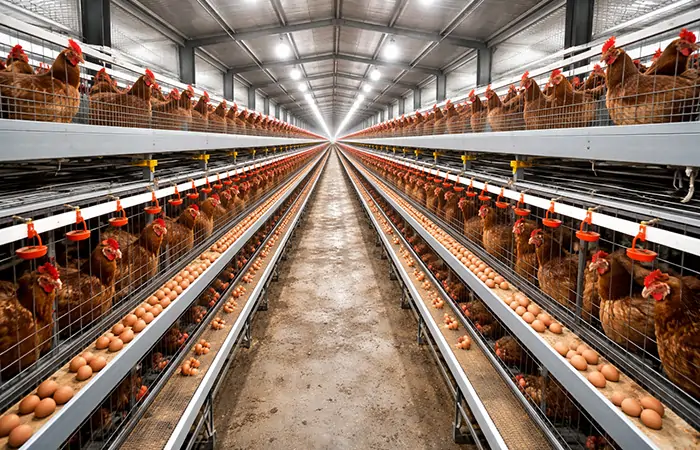 modernes H-Käfigsystem für Legehennen im automatisierten Geflügelstall für die Eierproduktion