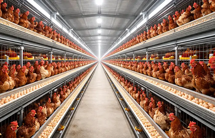moderne Legehennenfarm mit automatischer Käfigfütterung und Eiersammelsystem
