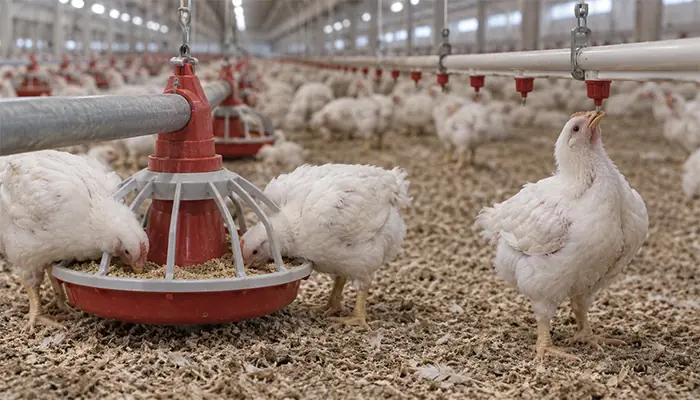 Broiler chickens using a feed pan and nipple drinkers connected to separate lines inside a poultry house.