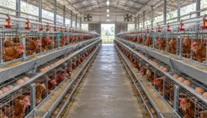Rows of layer chicken cages with feeding troughs and drinking lines inside a poultry house