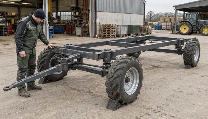Farm technician inspecting the frame, wheels, and front drawbar of four-wheel wagon running gear before coop construction.