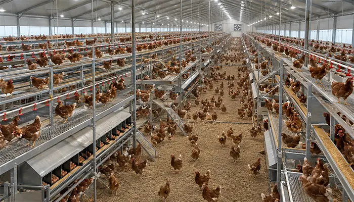 Brown laying hens in a commercial aviary with open tiers, perches, nesting areas and litter activity space.