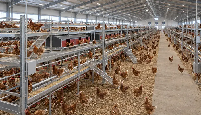 Laying hens moving between open aviary tiers, perches and a litter floor inside a large poultry house.