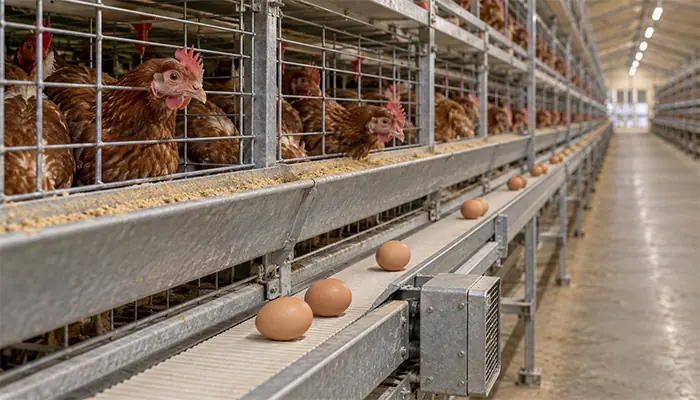 Eggs resting on a collection belt beside a row of layer cages in a commercial poultry house.