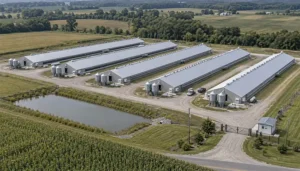 Aerial view of a commercial poultry farm with long poultry houses, feed silos and service roads.