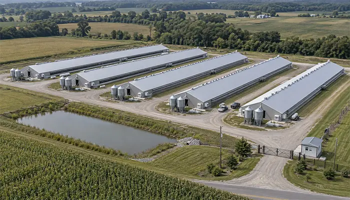Aerial view of a commercial poultry farm with long poultry houses, feed silos and service roads.