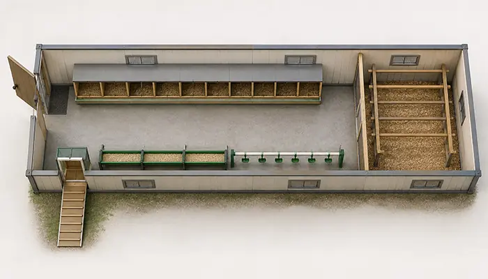 Overhead concept layout of an egg mobile showing nest boxes, roosts, feeding and drinking equipment, and a service aisle.
