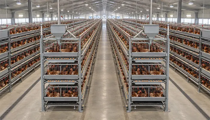 Four parallel rows of H-type layer cages with consistent service aisles inside a commercial poultry house.