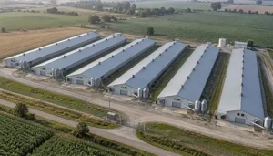Parallel poultry houses with feed silos and service roads at a large commercial chicken farm.