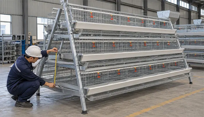 Quality-control technician checking the frame and feeding trough of an assembled A-type layer cage.