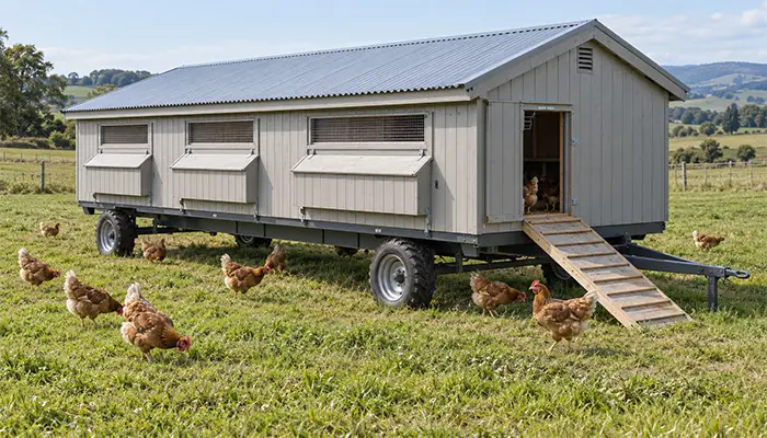 Movable chicken coop on four-wheel farm running gear with laying hens on pasture and a ramp to the entrance.