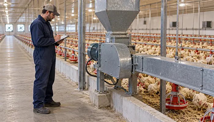 Farm technician inspecting a guarded feed conveyor drive from a clear poultry house service aisle.