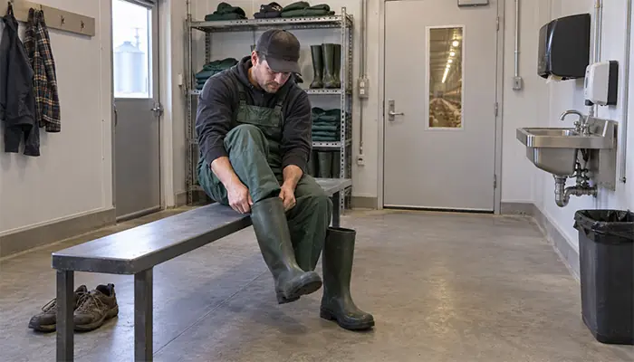 Poultry farm worker changing into dedicated boots at a controlled poultry house entrance.