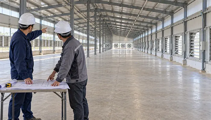 Two project staff reviewing a floor plan inside a large empty poultry house before equipment installation.