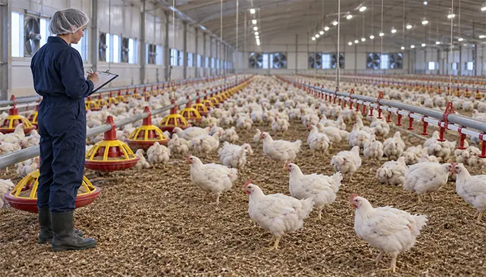 A poultry worker observing broiler chickens walking on litter and recording notes inside a commercial house.