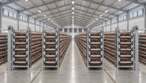 Inside a large commercial chicken house with automated poultry equipment