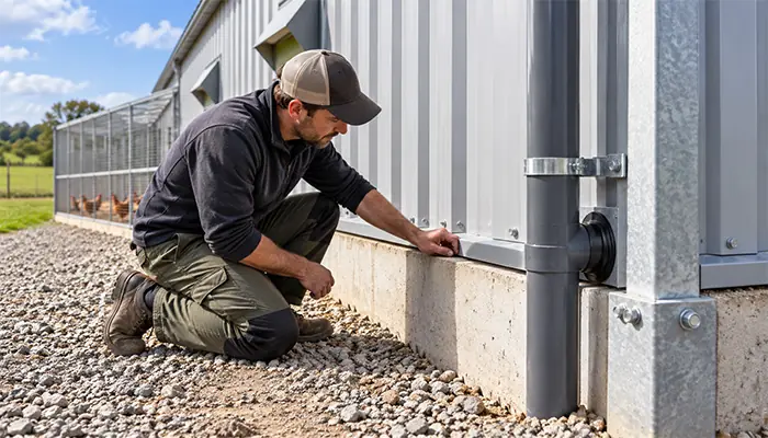 Farm worker inspecting the lower wall joint and service opening of a poultry house.