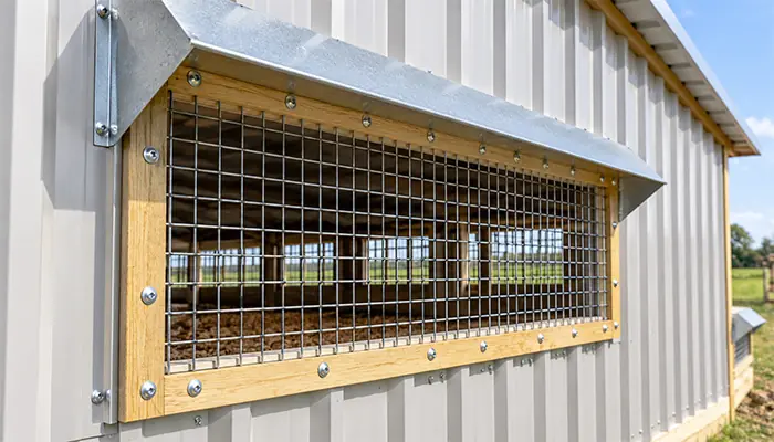 Wall ventilation opening covered with square wire mesh fixed around its frame.
