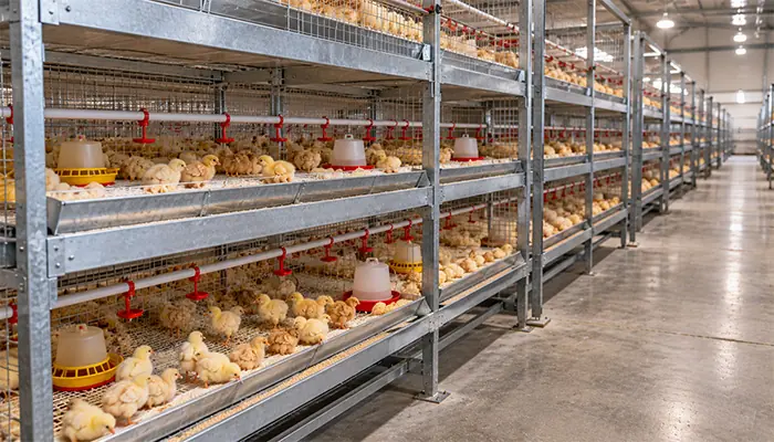 Rows of chick-rearing cages with age-appropriate flooring, feeders and drinkers inside a commercial poultry house