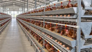 Rows of multi-tier laying hen cages beside a service aisle in a commercial poultry house