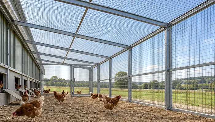 Interior of a spacious chicken run with square mesh sides, supported mesh roofing, and a closed gate.