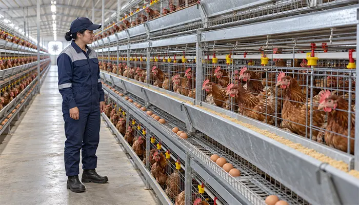 A farm worker inspecting laying hens from the service aisle beside a cage bank