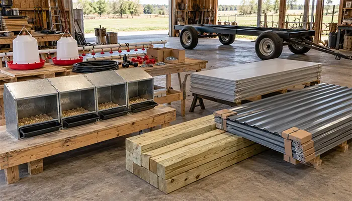 Timber, corrugated roof panels, nest boxes, feeders, and drinking components prepared for an egg mobile build in a farm workshop.