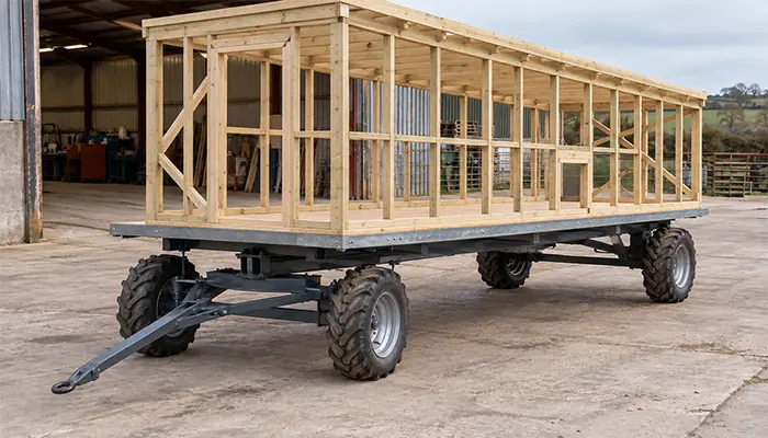 Partially assembled egg mobile frame on a four-wheel wagon platform with visible door openings and roof framing.