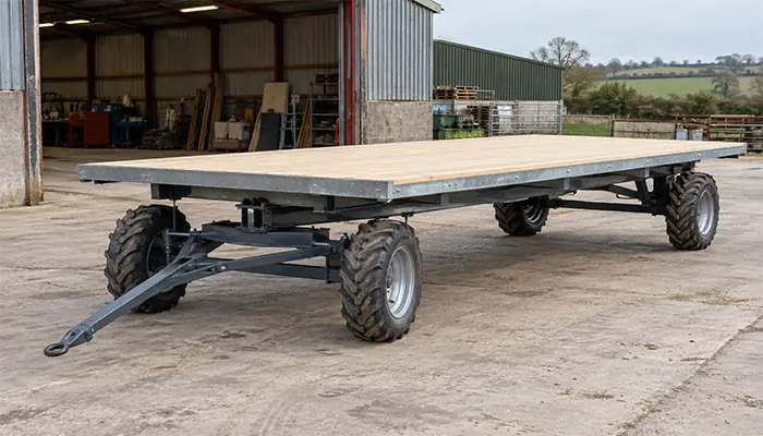 Rectangular base platform installed on four-wheel agricultural running gear before the egg mobile walls and roof are built.