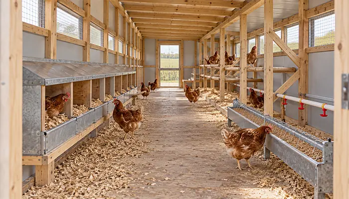 Interior of a walk-in egg mobile with nest boxes, rear roosting perches, and a clear aisle for egg collection.