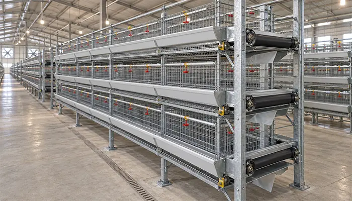 A four-tier H-type layer cage bank with vertically aligned compartments and manure belts