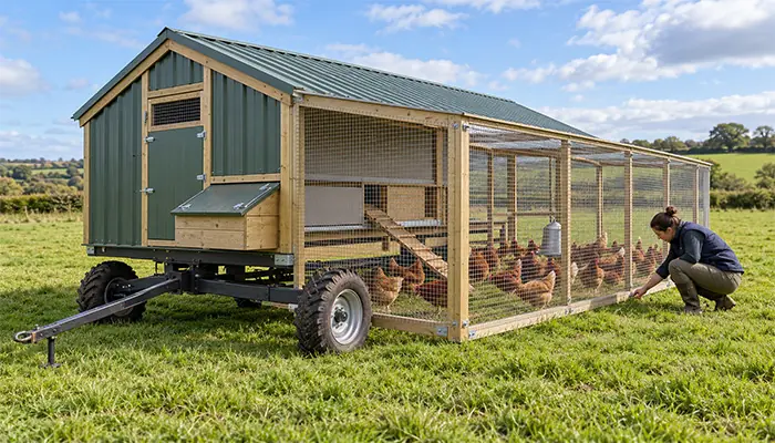 Farm worker inspecting the lower enclosure edge of a stationary mobile chicken coop on pasture.