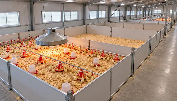 Modular brooder partitions enclosing a prepared chick area beside an empty expansion area and service aisle