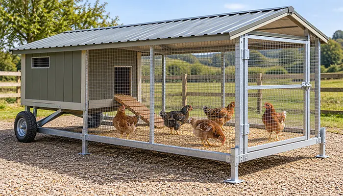 Older feathering chicks inside a stationary wheeled nursery with a roofed shelter and enclosed run