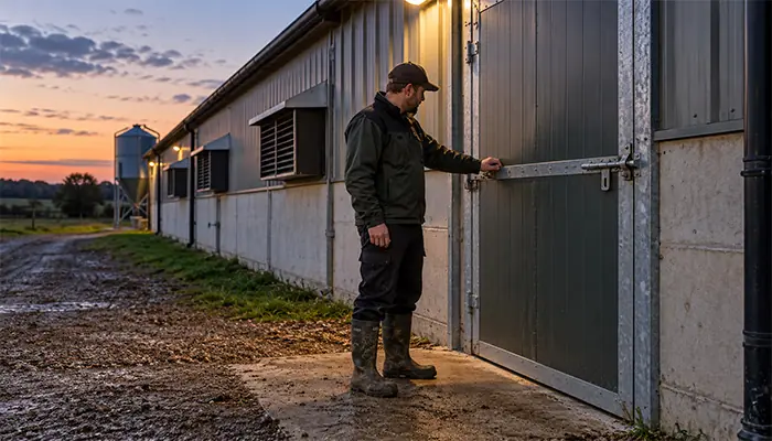 Farm worker checking a closed poultry-house entrance at dusk.