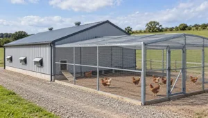 Walk-in poultry house with a covered mesh run and a closed access gate on a free-range farm.