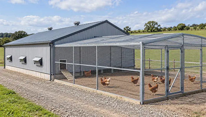 Walk-in poultry house with a covered mesh run and a closed access gate on a free-range farm.