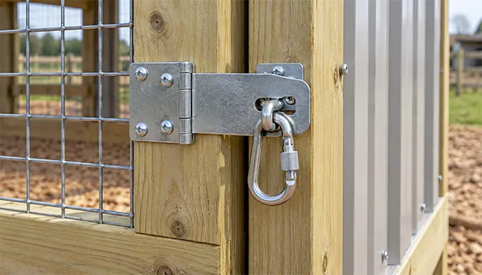 Closed poultry-house door with a metal latch secured by a locking carabiner.