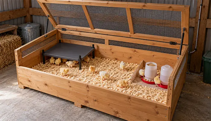 A wooden brooder box with dry bedding, a warming plate, chick feeders and drinkers inside a closed shed